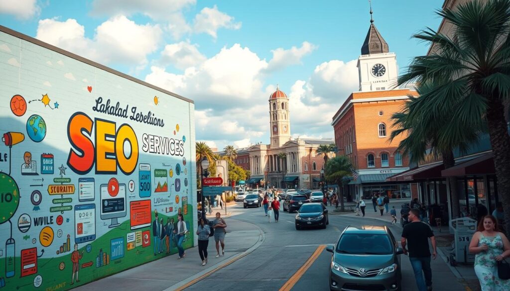A bustling cityscape of Lakeland, Florida, captured through the lens of a wide-angle camera. In the foreground, a vibrant mural depicts the local SEO services landscape, with icons and illustrations representing various digital marketing strategies. The middle ground features a lively street scene, with people walking, cars passing by, and local businesses thriving. In the background, the iconic architecture of Lakeland's historic downtown, including the distinctive clock tower, creates a picturesque and inviting atmosphere. The overall scene conveys a sense of energy, innovation, and the dynamic nature of the digital marketing industry in this Florida city.
