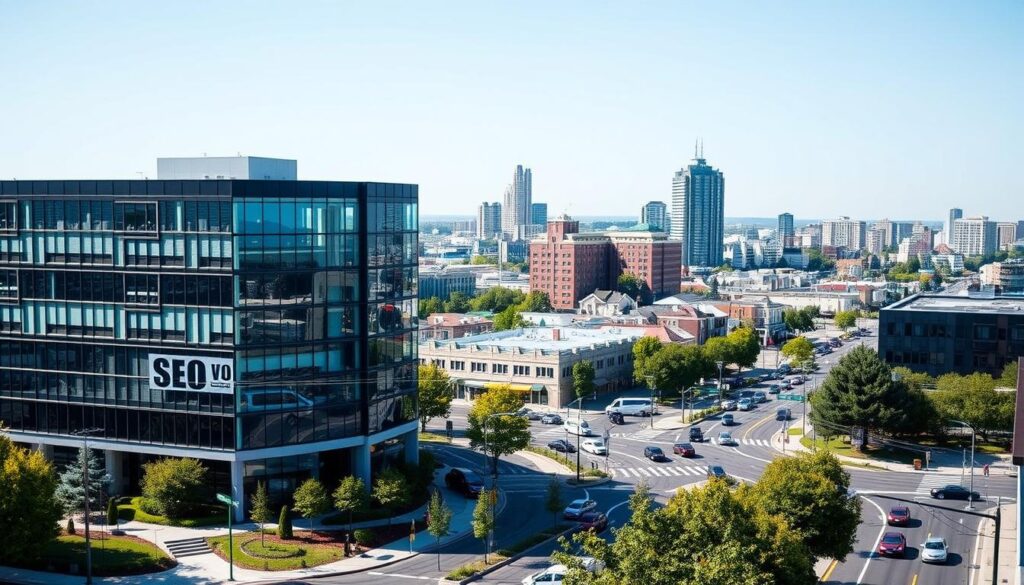 A bustling cityscape of Lakewood, New Jersey, set against a clear blue sky. In the foreground, a modern office building with sleek glass facades and a prominent sign reading "Lakewood SEO Services." The building is surrounded by well-manicured landscaping, adding a touch of elegance to the scene. In the middle ground, a busy street with cars and pedestrians, capturing the vibrant energy of the town. In the background, a mix of residential and commercial structures, suggesting a thriving local economy. The lighting is soft and natural, casting a warm glow over the entire scene. The overall atmosphere conveys a sense of professionalism, growth, and opportunity in the digital marketing landscape of Lakewood.