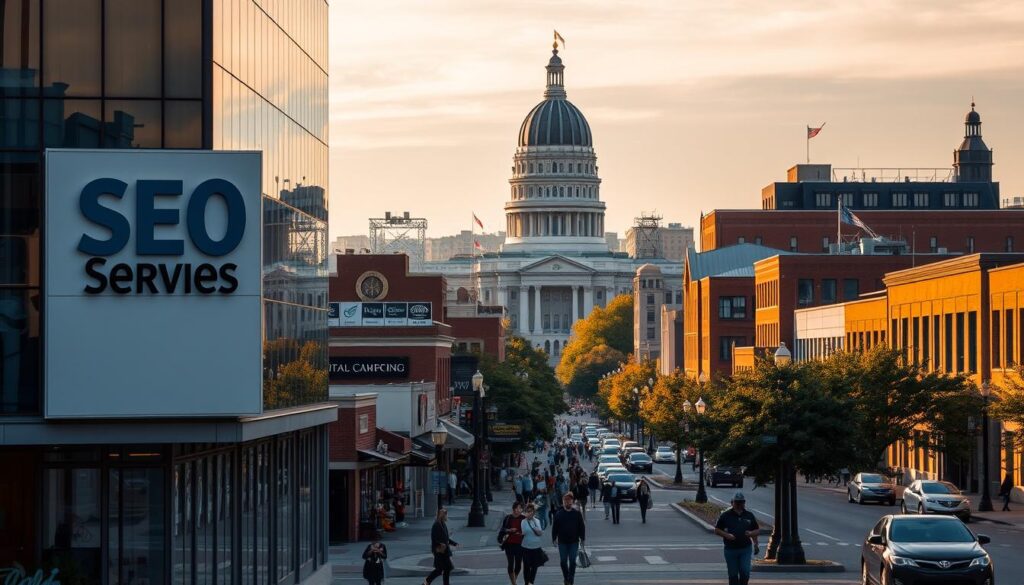 A bustling cityscape of Lansing, Michigan, showcasing the vibrant downtown area. In the foreground, a modern office building with a large sign reading "SEO Services" stands prominently, its sleek, glass facade reflecting the afternoon sun. In the middle ground, pedestrians stroll along the sidewalks, passing by local businesses and cafes. In the background, the state capitol building rises majestically, its iconic dome standing as a symbol of the city's rich history and civic pride. The scene is illuminated by warm, golden-hour lighting, conveying a sense of prosperity and progress in the heart of Michigan's capital.