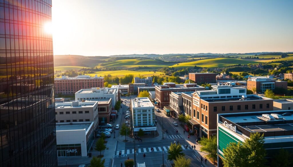 A bustling cityscape of Lee's Summit, Missouri, showcasing the innovative SEO services offered by local experts. In the foreground, a modern office building with sleek, glass façade reflects the sun's rays, signifying the cutting-edge nature of the SEO strategies employed. In the middle ground, a thriving downtown area with vibrant storefronts and bustling pedestrians, symbolizing the growth and prosperity enabled by effective SEO. The background features the rolling hills and lush greenery characteristic of the Midwest, creating a picturesque and serene backdrop. The overall scene conveys a sense of dynamic progress, technological prowess, and community-driven success, encapsulating the essence of Lee's Summit's thriving SEO landscape.