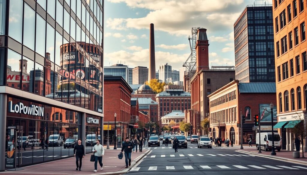 A bustling cityscape of Lowell, Massachusetts, showcasing the vibrant SEO services landscape. In the foreground, a modern office building with sleek signage and large windows, reflecting the city's skyline. Mid-ground, pedestrians navigate the bustling streets, passing by local SEO agencies and digital marketing firms. In the background, the iconic Lowell National Historical Park and its historic mills provide a picturesque backdrop, blending the old and new. Warm, golden lighting illuminates the scene, creating a welcoming, professional atmosphere. Captured with a wide-angle lens to convey the comprehensive nature of the SEO services available in this thriving New England city.