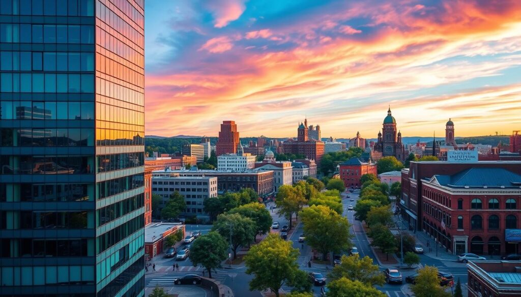 A bustling cityscape of Manchester, New Hampshire, captured in a vibrant, late-afternoon glow. In the foreground, a modern office building stands, its sleek glass facade reflecting the vibrant hues of the sky. In the middle ground, tree-lined streets wind through the city, with people and vehicles bustling about, signifying the energy and activity of a thriving business community. In the background, the iconic mill buildings and historic architecture of downtown Manchester create a picturesque backdrop, hinting at the city's rich history and tradition. The scene conveys a sense of progress, innovation, and the successful integration of digital marketing strategies, embodying the essence of SEO success in this New England hub.