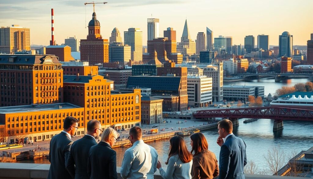 A bustling cityscape of Manchester, New Hampshire, featuring the iconic Amoskeag Manufacturing Company buildings along the Merrimack River. In the foreground, a group of professionals gathered around a laptop, discussing SEO strategies for local businesses. The scene is illuminated by warm, golden-hour lighting, conveying a sense of productivity and collaboration. In the background, the city skyline rises, showcasing the diverse architecture and the vibrant, thriving community. The overall atmosphere exudes a blend of professionalism, innovation, and the unique charm of Manchester.