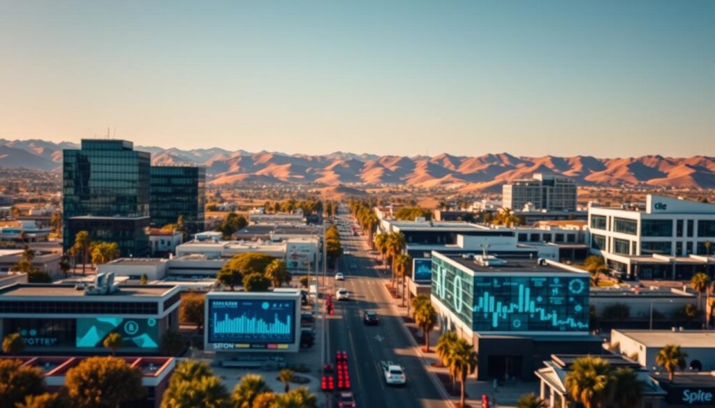 A bustling cityscape of Menifee, California, captured through the lens of a wide-angle camera. In the foreground, a vibrant digital landscape unfolds, with glowing screens, scrolling data, and icons representing various SEO strategies. The middle ground features sleek office buildings, coworking spaces, and tech startups, symbolizing the digital revolution transforming local businesses. In the background, the rolling hills and palm trees of the Menifee region provide a picturesque natural backdrop, juxtaposing the digital innovations at the heart of the city. Warm, golden lighting illuminates the scene, creating a sense of energy and optimism. The overall atmosphere conveys the dynamic, forward-thinking spirit of Menifee's digital landscape.