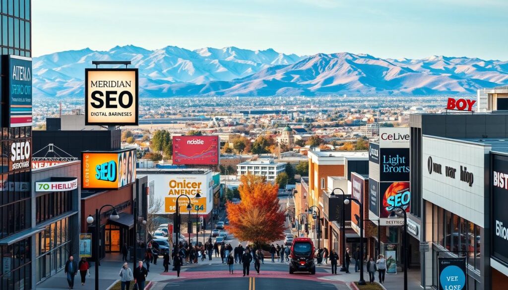 A bustling cityscape of Meridian, Idaho, showcasing the digital landscape for local businesses. In the foreground, a vibrant street scene with people navigating the sidewalks, surrounded by modern office buildings and storefronts. The middle ground features billboards, digital displays, and signage highlighting various SEO services and digital marketing agencies. In the background, a panoramic view of the Boise metropolitan area, with the distant Rocky Mountains providing a picturesque backdrop. The lighting is a mix of natural daylight and warm, inviting artificial illumination, creating a dynamic and engaging atmosphere. The scene conveys the importance of digital presence and optimization for Meridian-based businesses in the ever-evolving technological world.