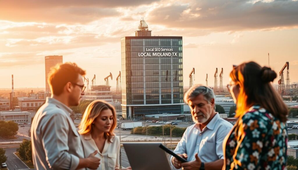 A bustling cityscape of Midland, TX, bathed in warm, golden light. In the foreground, a group of local business owners gathered around a laptop, discussing their digital marketing strategies. The middle ground features a sleek, modern office building with signage showcasing "Local SEO Services Midland TX." In the background, the iconic oil derricks of the Permian Basin rise up, a testament to the city's thriving energy industry. The scene conveys a sense of collaboration, innovation, and the synergy between traditional and digital business landscapes in Midland.