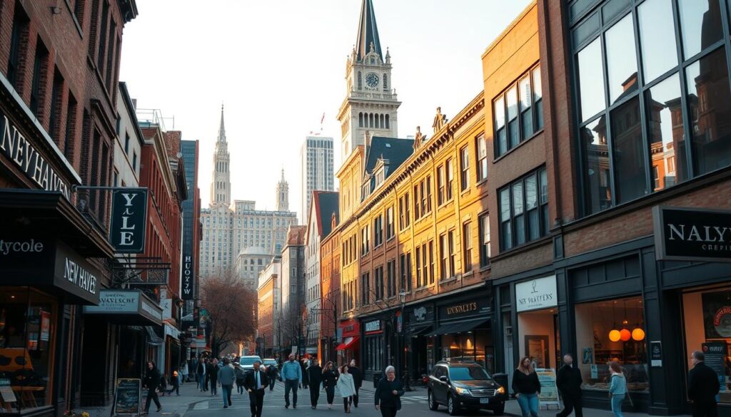 A bustling cityscape of New Haven, CT, captured through the lens of a wide-angle camera. In the foreground, a vibrant street scene showcases local businesses, their signage and storefronts reflecting the unique character of the city. Mid-frame, pedestrians navigate the sidewalks, immersed in the energy of the urban landscape. In the background, the iconic architecture of Yale University and other landmarks rise majestically, bathed in warm, golden hour lighting. The overall mood conveys a sense of community, progress, and the digital-age opportunities that permeate the local business environment.