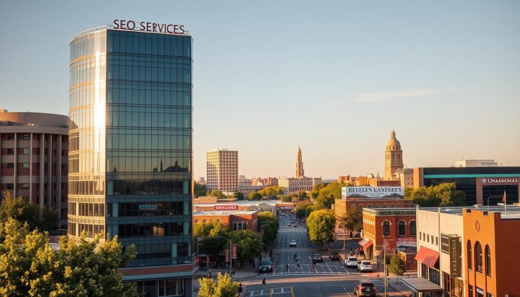 A bustling cityscape of Norman, Oklahoma, with the iconic University of Oklahoma campus prominently featured in the background. In the foreground, a modern office building stands tall, its sleek glass facade reflecting the afternoon sun. Atop the building, a bold sign proudly displays "SEO Services" in a clean, professional font. The middle ground showcases the vibrant downtown area, with lush greenery, bustling pedestrians, and the occasional vintage car adding to the scene's charming character. The lighting is soft and warm, creating a welcoming and inviting atmosphere. The overall composition conveys a sense of expertise, professionalism, and the city's thriving business community.
