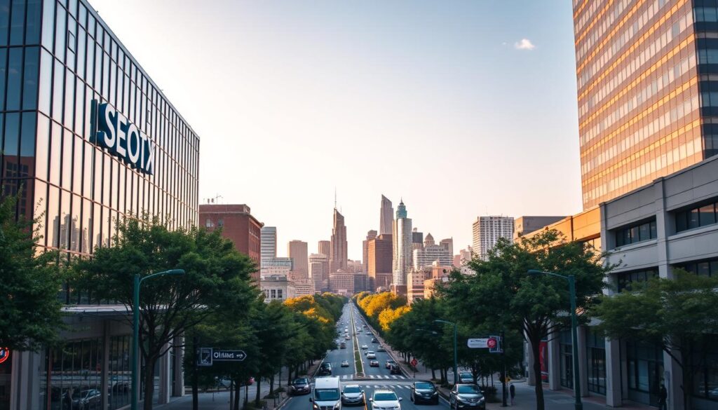 A bustling cityscape of Olathe, Kansas, where the digital landscape thrives. In the foreground, a modern office building showcases the sleek branding of an SEO company, its logo and signage prominently displayed. The middle ground features a busy street lined with lush trees and well-maintained storefronts, hinting at the vibrant local business community. In the background, the skyline rises, a tapestry of skyscrapers and office towers, reflecting the city's growth and economic vitality. The scene is bathed in warm, golden light, conveying a sense of prosperity and opportunity. The overall mood is one of dynamic progress, capturing the essence of Olathe's thriving digital ecosystem.