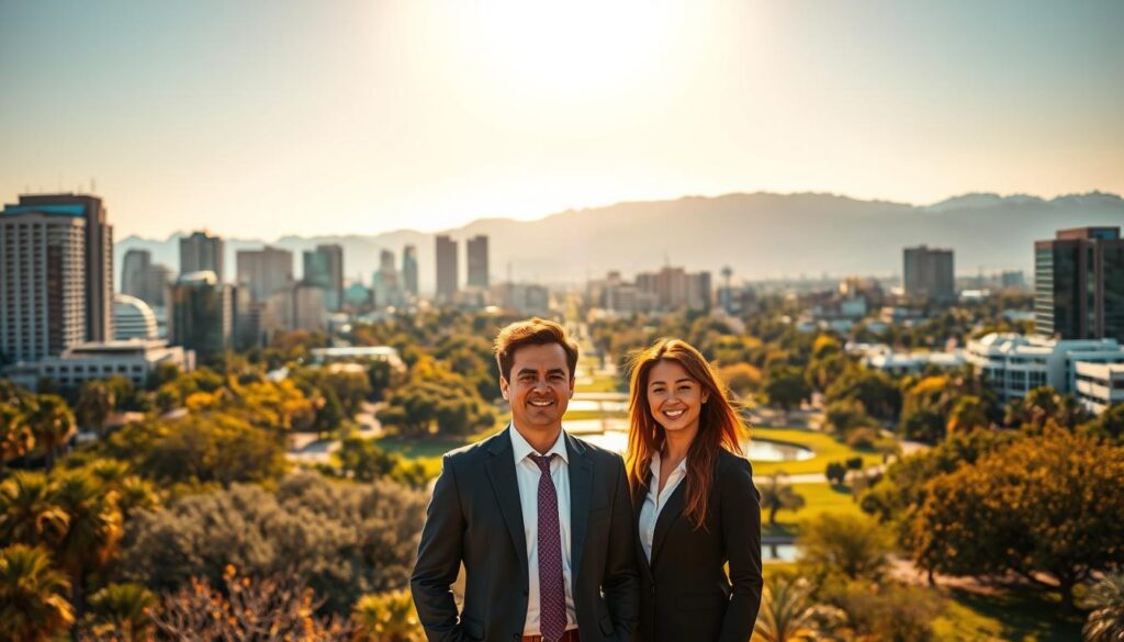 A bustling cityscape of Peoria, Arizona, illuminated by warm, golden sunlight. In the foreground, three business professionals stand confidently, their expressions radiating success. Behind them, the skyline is dotted with modern high-rises and sleek office buildings, symbolizing the thriving local economy. In the middle ground, a park-like setting with lush greenery and a tranquil pond, reflecting the vibrant city. The background features a picturesque mountain range, bathed in a soft, hazy glow, creating a sense of serene, natural beauty. The overall scene conveys a harmonious blend of urban progress and natural splendor, embodying the essence of Peoria's SEO success stories.