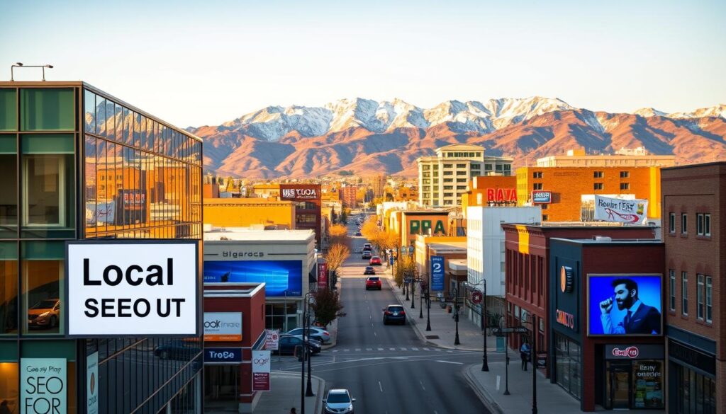 A bustling cityscape of Provo, Utah, capturing the essence of local digital marketing. In the foreground, a modern office building with signage showcasing "Local SEO Provo UT" prominently displayed. The building is bathed in warm, golden-hour lighting, creating a sense of vibrancy and productivity. In the middle ground, the streets are lined with thriving small businesses, their facades adorned with eye-catching digital displays. In the background, the majestic Wasatch Range mountains rise, providing a stunning natural backdrop to the urban scene. The overall atmosphere conveys a thriving, technology-driven community where local businesses harness the power of search engine optimization to stand out and succeed.