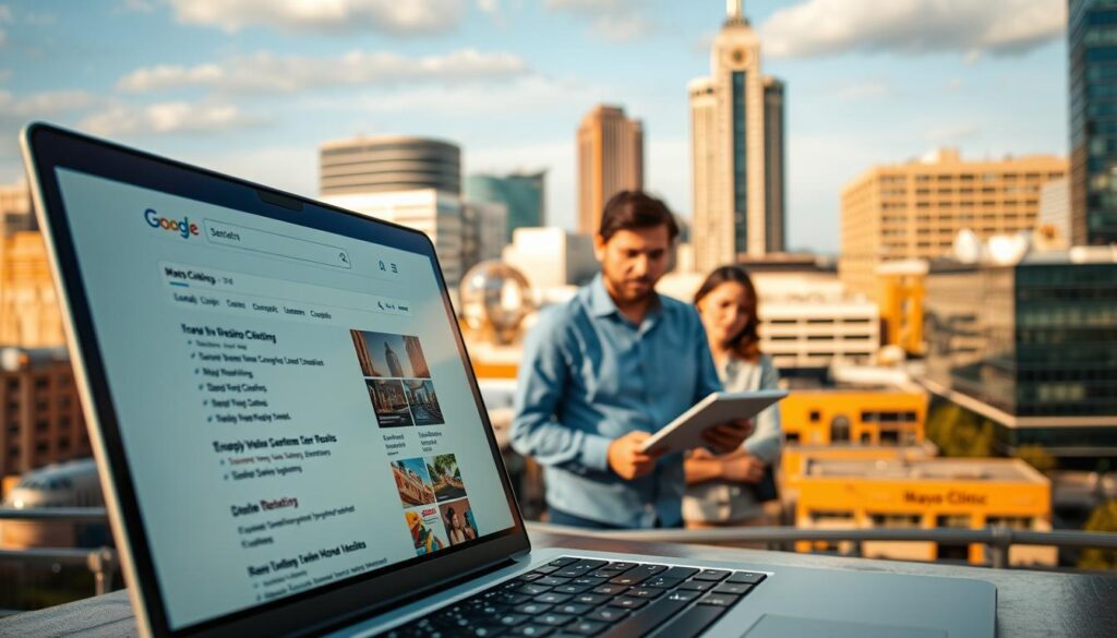 A bustling cityscape of Rochester, MN, showcasing the essential elements of SEO services. In the foreground, a laptop screen displays a search engine results page, highlighting the strategic placement of local SEO-optimized listings. The middle ground features a team of digital marketing experts collaborating, their expressions focused as they analyze website analytics and develop tailored SEO strategies. In the background, the iconic Mayo Clinic stands tall, a symbol of the city's prominence in the healthcare industry, underscoring the importance of effective online visibility for local businesses. Warm, natural lighting illuminates the scene, creating a professional and trustworthy atmosphere. The composition conveys the comprehensive nature of SEO services, seamlessly integrating the digital and physical aspects of the city.
