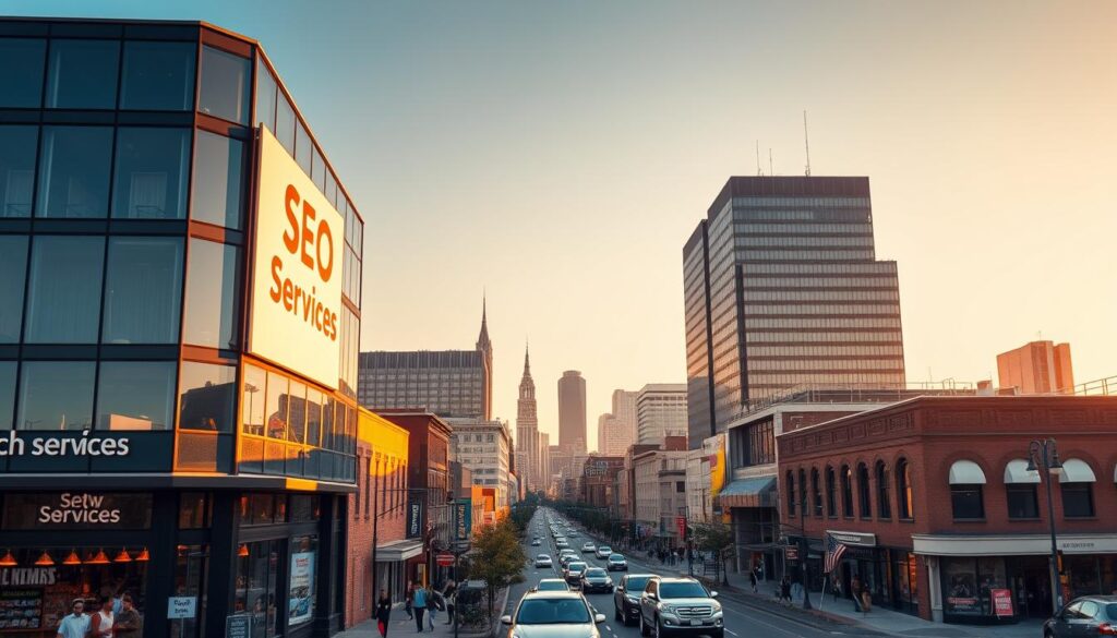 A bustling cityscape of Rochester, NY, showcasing the power of SEO services. In the foreground, a sleek, modern office building adorned with prominent signage advertising "SEO Services." The mid-ground features a busy street lined with vibrant storefronts and pedestrians, conveying the dynamic, thriving nature of the local business community. In the background, the iconic skyline of Rochester rises, bathed in warm, golden-hour lighting that casts a sense of prosperity and growth. The overall scene exudes a professional, tech-savvy atmosphere, highlighting the importance of effective search engine optimization in driving business success in this vibrant city.