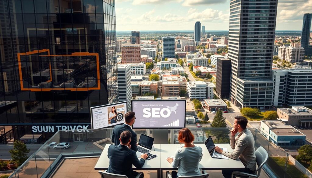 A bustling cityscape of Round Rock, Texas, with a focus on a modern office building showcasing a team of digital marketing experts, conveying their expertise in search engine optimization. The foreground features professionals in business attire collaborating at a conference table, surrounded by displays highlighting SEO analytics and strategies. The middle ground depicts the exterior of the office, with a prominent sign highlighting the company's SEO services. The background showcases the vibrant, growing suburbs of Round Rock, with a mix of residential and commercial buildings. The lighting is a warm, natural tone, creating a professional and inviting atmosphere. The camera angle is slightly elevated, providing a comprehensive view of the scene.