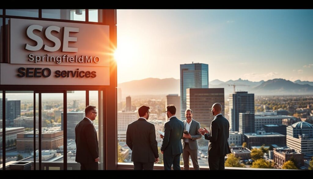 A bustling cityscape of Springfield, MO, with the iconic Ozark Mountains in the background. In the foreground, a modern office building showcases the signage for a reputable SEO services company. Sunlight filters through the large windows, casting a warm glow on the workspace. In the middle ground, well-dressed professionals engage in animated discussions, illustrating the collaborative nature of the SEO services provided. The overall atmosphere conveys a sense of productivity, innovation, and a commitment to helping local businesses thrive through effective digital marketing strategies.