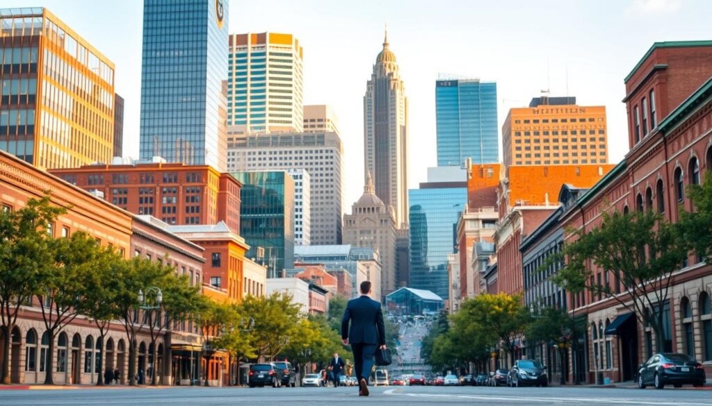 A bustling cityscape of Topeka, Kansas, where the towering glass skyscrapers and modern office buildings of the downtown business district stand in contrast to the quaint, historic brick structures lining the tree-lined streets. In the foreground, a well-dressed professional strides purposefully, briefcase in hand, symbolizing the expertise and sophistication of the SEO services offered in this vibrant, growing city. Warm, golden-hour lighting bathes the scene, creating a sense of productivity and success. The image conveys the message that Topeka's SEO professionals provide the strategic guidance and technical know-how to help local businesses thrive in the digital landscape, outperforming DIY approaches.