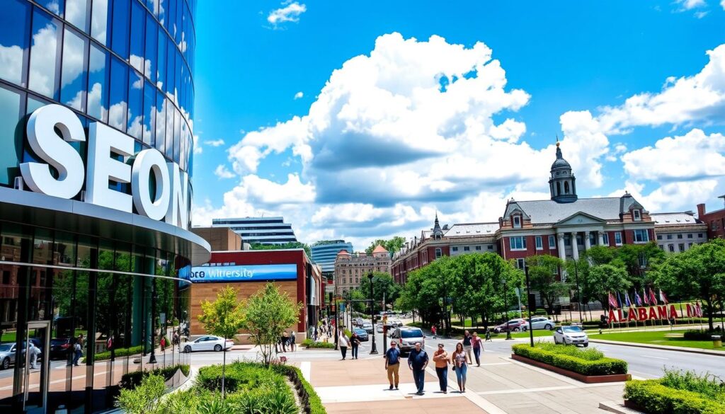 A bustling cityscape of Tuscaloosa, Alabama, on a sunny day. In the foreground, a modern office building with a prominent "SEO" sign prominently displayed. The building's façade is made of glass and steel, reflecting the vibrant blue sky and fluffy white clouds. In the middle ground, pedestrians stroll along the sidewalk, enjoying the lively atmosphere of the downtown area. In the background, the iconic University of Alabama campus can be seen, its grand architecture and lush greenery adding to the scenic backdrop. The overall mood is one of professional success and community vibrancy, perfectly capturing the essence of "SEO Services in Tuscaloosa, AL."