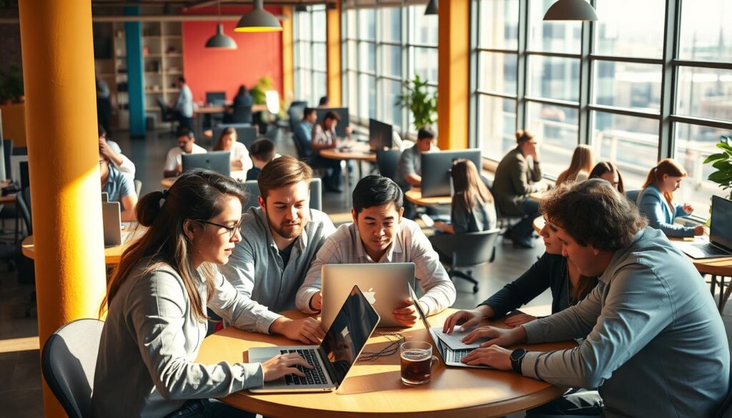 A bustling coworking space in downtown Palmdale, CA. In the foreground, a group of local SEO experts huddle around a table, laptops open and brows furrowed in concentration. Warm, natural lighting filters in through large windows, casting a soft glow on their faces as they discuss digital marketing strategies tailored for Palmdale businesses. In the middle ground, other entrepreneurs and freelancers collaborate at shared desks, the hum of productivity filling the air. The background showcases the vibrant, modern architecture of the workspace, reflecting the digital-savvy nature of the local business community.