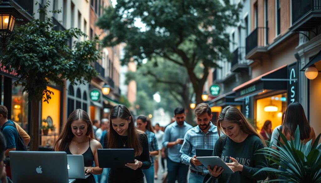 A bustling downtown Charleston street, captured with a wide-angle lens and dramatic lighting. In the foreground, a group of young professionals engrossed in their laptops and mobile devices, representing the digital marketing industry. The middle ground features vibrant storefronts and cafes, hinting at the city's thriving small business community. In the background, the iconic Charleston architecture and lush greenery create a picturesque backdrop, conveying the city's historic charm and modern sensibilities. The scene exudes a sense of collaborative energy, reflecting the synergy between Charleston's traditional roots and its embrace of innovative digital marketing strategies.
