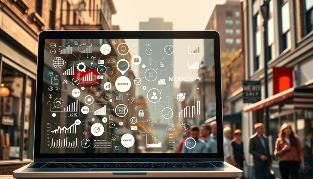 A bustling downtown Concord street, with local storefronts and signage, set against a hazy, sun-dappled backdrop. In the foreground, a laptop screen displays a complex web of analytics data, charts, and SEO metrics, representing the digital challenges faced by Concord's small business owners. The middle ground features a group of concerned-looking business owners, deeply engaged in discussions about their online presence and visibility. In the background, a towering office building symbolizes the competitive landscape, casting a long shadow over the local shops. The overall mood conveys the sense of digital transformation and the need for effective SEO strategies to help Concord businesses stand out and thrive.