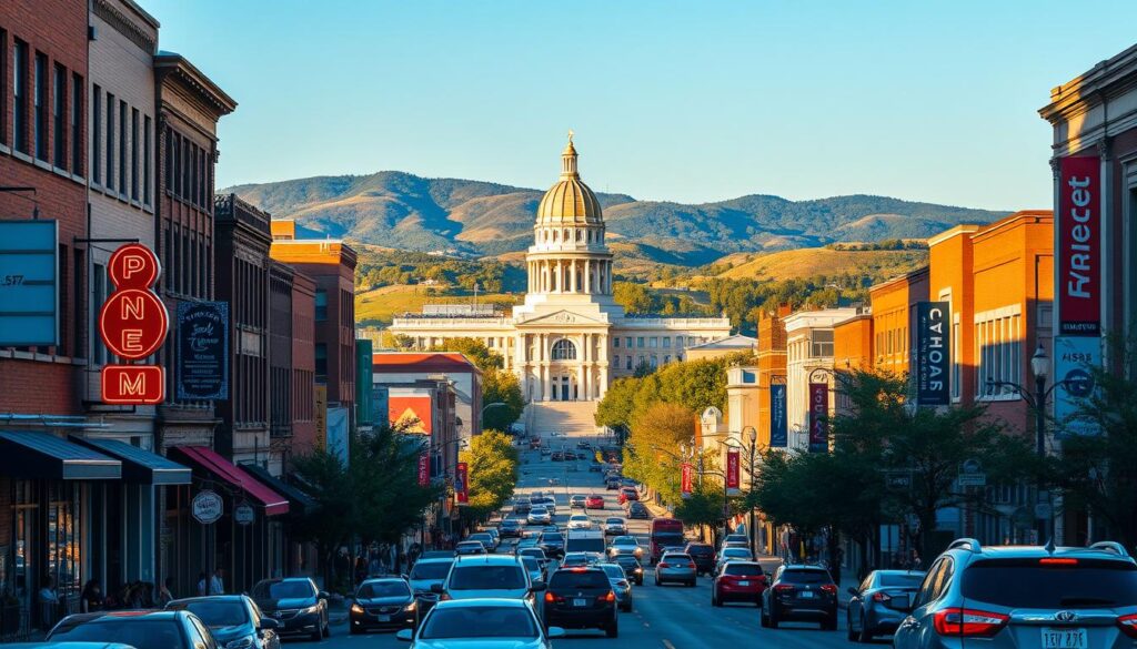 A bustling downtown cityscape, showcasing the vibrant heart of Jackson, Mississippi. In the foreground, a busy street scene with cars, pedestrians, and local businesses - neon signs, awnings, and storefronts reflecting the energy of the city. The middle ground features iconic landmarks like the Mississippi State Capitol building, its grand architecture standing tall against a clear, blue sky. In the background, rolling hills and lush greenery frame the urban landscape, creating a harmonious blend of the natural and the man-made. The scene is illuminated by warm, golden-hour lighting, casting a welcoming glow over the entire setting. The overall tone is one of a thriving, prosperous community - a digital landscape ripe with opportunities for local businesses to flourish.