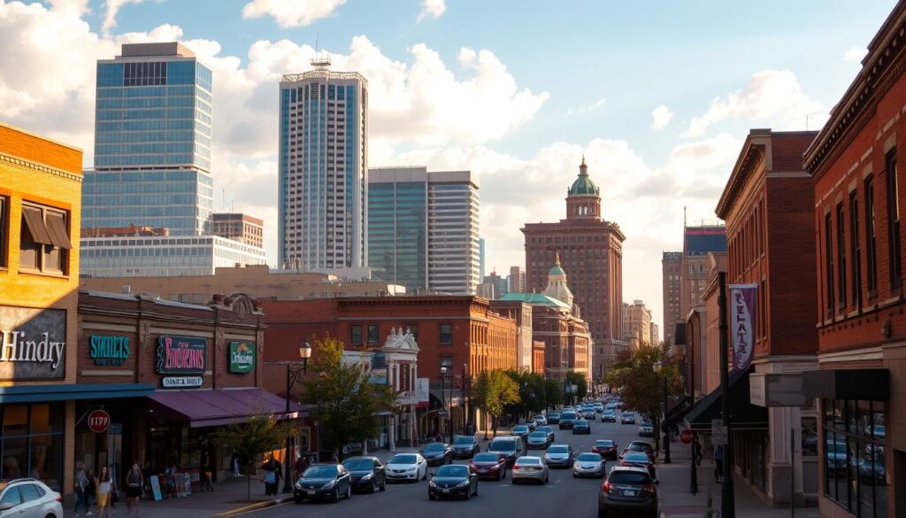 A bustling downtown cityscape, showcasing the vibrant local businesses of Topeka, Kansas. In the foreground, a vibrant street scene with pedestrians, cars, and storefronts illuminated by warm, golden sunlight. In the middle ground, towering skyscrapers and historic brick buildings, their facades reflecting the changing times. In the background, a hazy, blue sky with fluffy white clouds, adding a sense of depth and tranquility to the urban landscape. The overall mood is one of thriving small-town energy, with a touch of modern progress and a nod to the city's rich history.