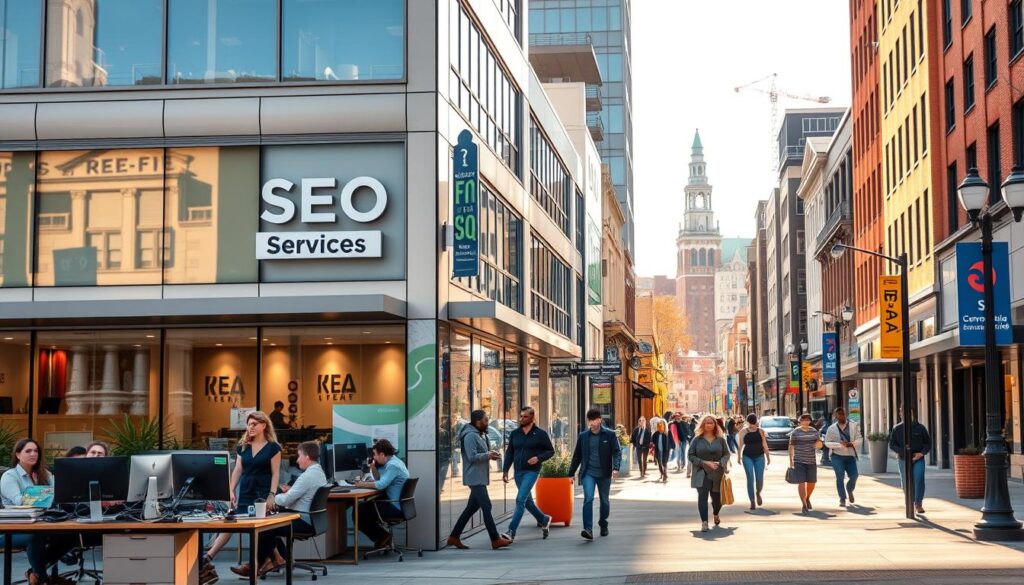 A bustling downtown street in Columbia, MO, with a vibrant local SEO services office prominently displayed. The building has a modern, minimalist design with large windows and a sleek sign. In the foreground, a group of professionals can be seen working intently at their desks, surrounded by computer screens and office supplies. The middle ground features pedestrians strolling along the sidewalk, some stopping to glance at the SEO services office. The background showcases the diverse architecture and lively atmosphere of the city, conveying the sense of a thriving local business community. Warm, natural lighting illuminates the scene, creating a welcoming and professional ambiance.