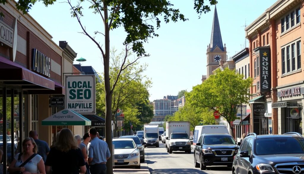 A bustling downtown street in Naperville, Illinois, on a sunny afternoon. In the foreground, a group of people window-shopping at local businesses, their faces lit by warm sunlight. In the middle ground, cars and trucks pass by on the tree-lined street, with signs and storefronts advertising various services, including a prominent "Local SEO Naperville" sign. In the background, the iconic DuPage River flows gently, flanked by historic buildings and a towering church steeple. The scene conveys a sense of community, commerce, and a thriving local economy.