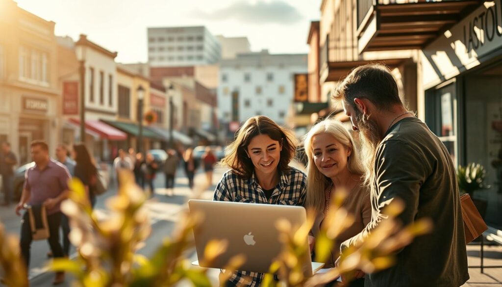 A bustling downtown street in New Braunfels, TX, on a sunny afternoon. In the foreground, a group of people are gathered around a laptop, deeply engaged in a discussion about local SEO optimization services. The scene is captured through a wide-angle lens, with the buildings and storefronts of the city providing a vibrant backdrop. Warm, diffused lighting casts a soft glow, creating a sense of energy and productivity. The atmosphere is one of collaboration and problem-solving, as the individuals work together to devise strategies for improving the online visibility and performance of local businesses.