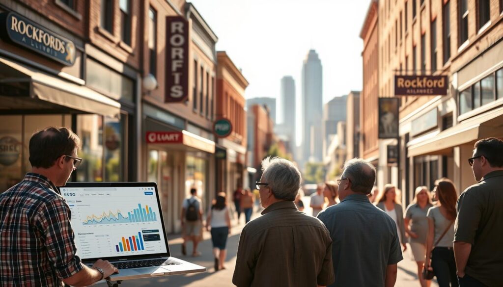 A bustling downtown street in Rockford, Illinois, bathed in warm afternoon sunlight. In the foreground, a group of local business owners engaged in a lively discussion, gesturing animatedly towards a laptop screen showcasing SEO analytics. In the middle ground, passersby stroll along the sidewalk, their attention drawn to the vibrant storefronts and signage. In the background, the iconic Rockford skyline rises, a testament to the city's thriving local economy. The scene conveys the importance of effective local SEO strategies for Rockford businesses, highlighting their ability to connect with the community and drive growth.