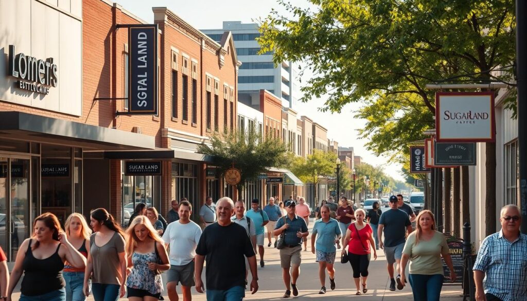 A bustling downtown street in Sugar Land, TX, on a sunny afternoon. In the foreground, a group of people walking and interacting, conveying a sense of community. In the middle ground, local business storefronts and signage, highlighting various services and products. In the background, a mix of modern and historic architecture, reflecting the city's blend of old and new. The lighting is natural and warm, casting a golden glow over the scene. The camera angle is slightly elevated, capturing the energy and activity of the local area. The overall mood is vibrant, welcoming, and showcases the small-town charm of Sugar Land.