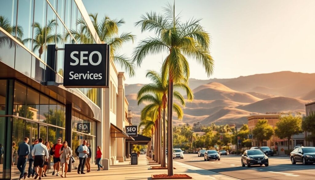 A bustling downtown street in Temecula, CA, on a sunny afternoon. In the foreground, a modern office building with a prominent sign reading "SEO Services" stands out. The facade is adorned with sleek glass panels and sharp angular design. People can be seen entering and exiting the building, conveying a sense of professional activity. The middle ground features lush palm trees lining the sidewalk, casting gentle shadows on the pavement. In the background, the rolling hills of the Temecula Valley provide a picturesque natural backdrop, bathed in warm golden light. The overall scene exudes a dynamic, forward-thinking atmosphere befitting a thriving SEO services provider in this vibrant California town.