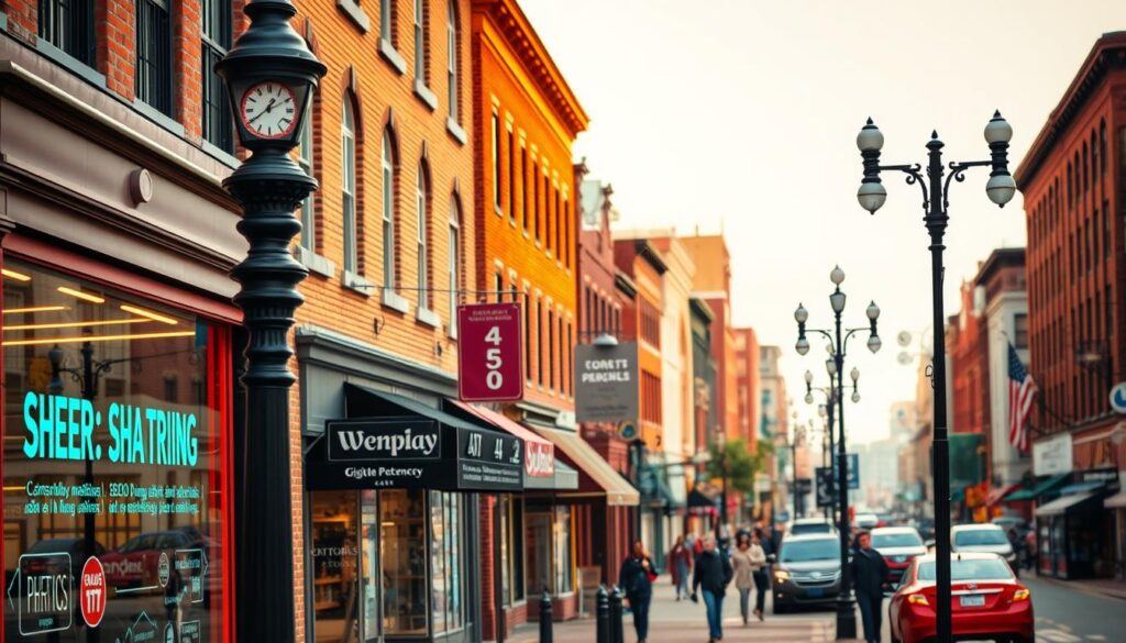 A bustling downtown street in Waterbury, CT, with brick buildings, antique lampposts, and thriving local businesses. In the foreground, a vibrant storefront showcases a local SEO agency, its window display featuring digital marketing metrics and analytics. The mid-ground is alive with pedestrians and vehicles, capturing the energy of this historic New England town. The background is hazy with a soft, warm light, creating a sense of welcoming atmosphere. The overall scene conveys the digital-meets-traditional charm of Waterbury's evolving commercial landscape.