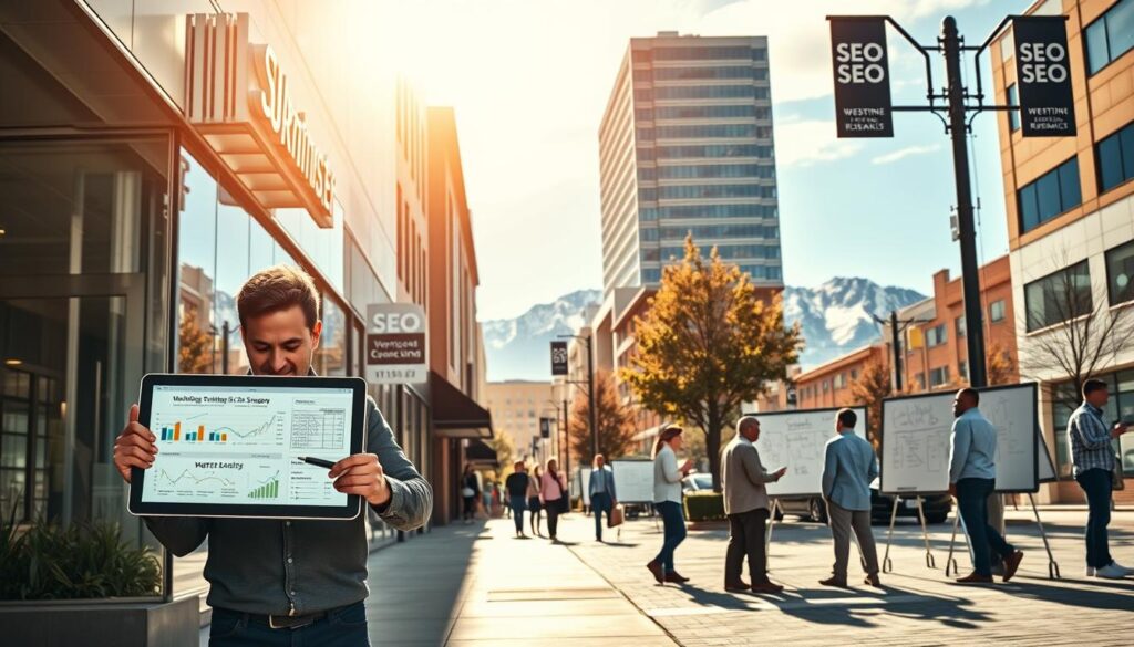A bustling downtown street in Westminster, CO, showcasing a modern office building with signage for an SEO services company. In the foreground, a business owner stands confidently, examining a tablet displaying website analytics and optimization strategies. Warm afternoon sunlight filters through the windows, casting a productive atmosphere. In the middle ground, a team of SEO specialists collaborate at standing desks, surrounded by whiteboards covered in keyword research and content planning. The background features the iconic Rocky Mountains, hinting at the natural beauty that draws visitors to the area. The overall scene conveys a sense of focused, data-driven digital marketing efforts driving the success of local businesses.