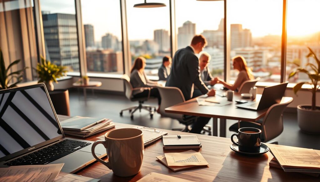 A bustling office setting in Lee's Summit, MO, with a team of SEO specialists hard at work. The foreground features a desk with a laptop, coffee mug, and notes scattered about, capturing the focus and dedication of the professionals. In the middle ground, colleagues collaborate at a conference table, discussing strategies and analyzing data. The background showcases the vibrant cityscape of Lee's Summit, with modern office buildings and a hint of the town's charming small-town character. Warm, natural lighting filters through the windows, creating a productive and inviting atmosphere. The scene conveys the expertise and diligence of the SEO specialists as they work to optimize their clients' online presence.