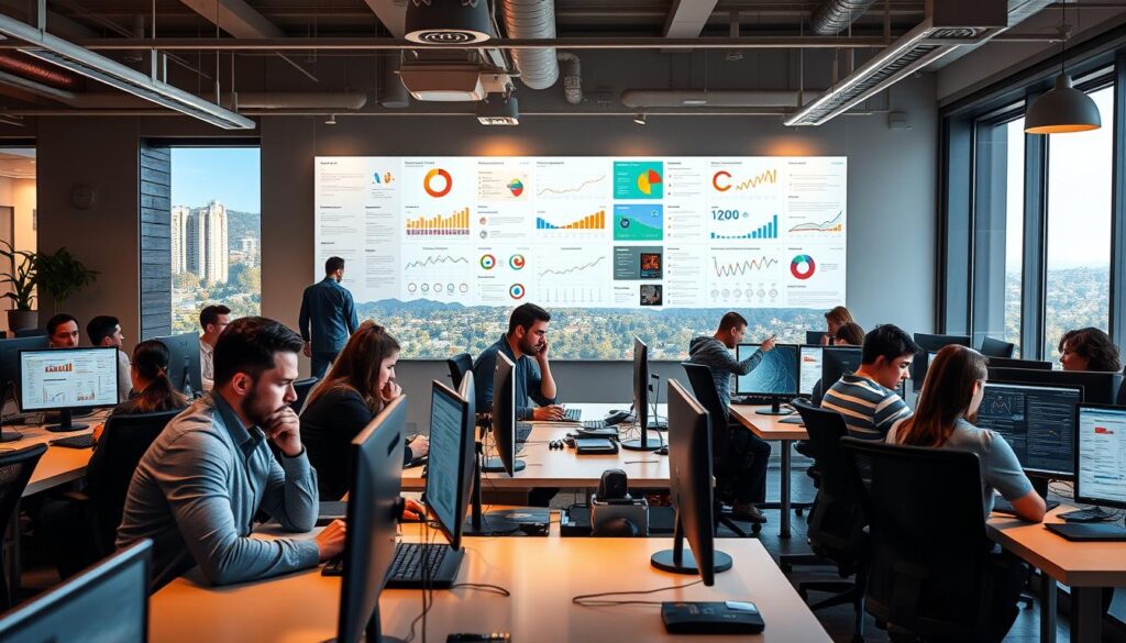 A bustling office setting in Vallejo, California, where a team of SEO experts collaborates intently. The foreground features focused professionals seated at sleek desks, their eyes glued to computer screens as they analyze data and strategize digital marketing campaigns. The middle ground showcases a wall display with vibrant infographics and KPI dashboards, illuminated by warm, task-oriented lighting. In the background, the scenic Vallejo landscape can be seen through large windows, a reminder of the city's natural beauty and the potential for local businesses to thrive online. The overall atmosphere conveys a sense of expertise, efficiency, and a deep understanding of the unique SEO needs of Vallejo-based companies.