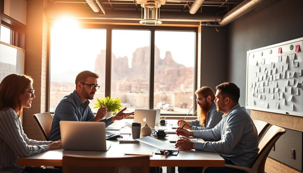 A bustling office setting in downtown St. George, UT, where a team of SEO experts sit around a conference table, deep in discussion. Warm, natural lighting filters through large windows, casting a focused, professional atmosphere. In the foreground, a senior consultant gestures animatedly, laptop open, surrounded by teammates examining data on their screens. The middle ground showcases the team's collaborative energy, with whiteboards and sticky notes covering the walls, outlining strategies and insights. In the background, the iconic red rock formations of the St. George landscape are visible through the windows, a reminder of the unique local context. An air of expertise, innovation, and dedication permeates the scene.