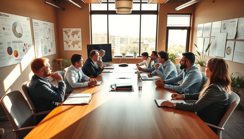 A bustling office space in Surprise, AZ, where a team of SEO experts sit around a long conference table, deep in discussion. The room is bathed in warm, natural light streaming through large windows, creating a cozy and productive atmosphere. On the walls, colorful diagrams and charts illustrate the intricacies of search engine optimization. The experts, dressed in professional attire, are leaning forward, engaged in animated conversation, their hands gesturing as they present data and strategize ways to elevate the online presence of local businesses. The scene conveys a sense of expertise, collaboration, and a genuine commitment to helping the Surprise community thrive in the digital landscape.