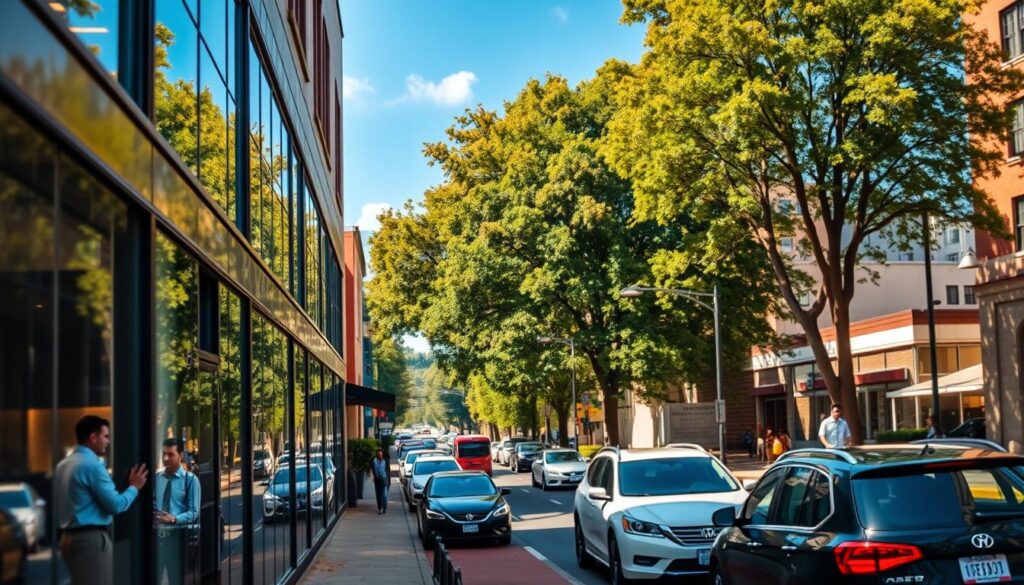 A bustling scene in South Fulton, GA, showcasing the local SEO services industry. In the foreground, a modern office building with large windows and a stylish facade. Professionals can be seen working diligently through the glass, reflecting the expertise within. The middle ground features a busy street with cars and pedestrians, capturing the vibrant energy of the neighborhood. In the background, lush green trees and a clear blue sky create a picturesque setting. Warm, natural lighting illuminates the scene, highlighting the professionalism and dynamism of the local SEO providers. The overall atmosphere conveys a sense of thriving, forward-thinking businesses dedicated to helping local companies succeed through effective search engine optimization strategies.