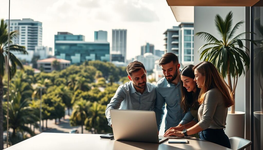 A bustling scene of Garden Grove, CA, with lush greenery and modern buildings in the background. In the foreground, a team of SEO experts huddled around a laptop, analyzing website metrics and strategizing ways to boost local businesses' online visibility. Warm, directional lighting casts a professional, productive atmosphere, while a sleek, minimalist office space frames the scene. The composition emphasizes the collaborative, results-driven nature of the comprehensive SEO services offered in this vibrant, thriving community.
