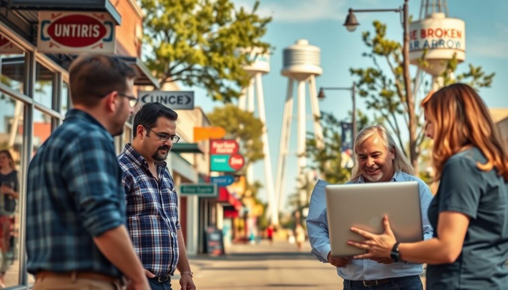 A bustling street in Broken Arrow, Oklahoma, with a focus on local SEO. In the foreground, a group of business owners gathered around a laptop, discussing their online marketing strategies. The mid-ground features a row of local shops and restaurants, their signage and storefronts reflecting the vibrant community. In the background, the iconic Broken Arrow water tower and a clear blue sky create a sense of place. The lighting is soft and natural, capturing the warmth and charm of this thriving small town. The overall mood is one of collaboration, optimism, and a shared commitment to the success of local businesses through effective SEO practices.