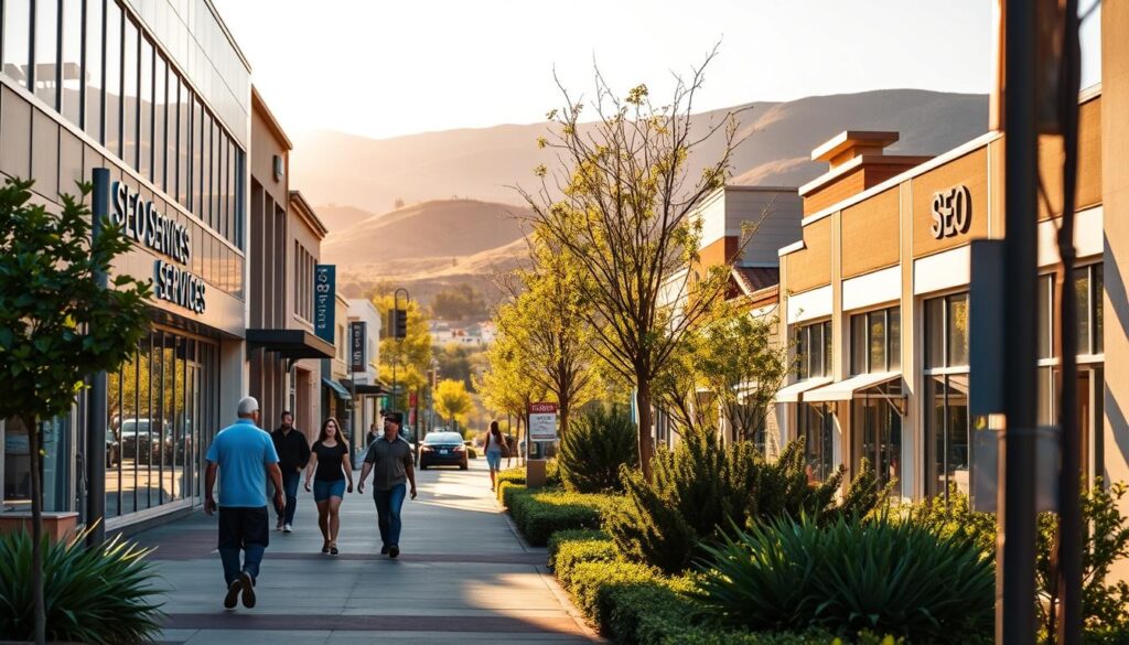 A bustling street in Fairfield, CA, with a focus on a modern office building showcasing "SEO Services" on its facade. In the foreground, passersby stroll along the sidewalk, capturing the vibrant energy of the local business district. The middle ground features lush greenery and well-maintained landscaping, creating a welcoming atmosphere. The background showcases the iconic California hills, bathed in warm, golden sunlight that casts a soft glow over the entire scene. The image conveys the importance of SEO services in this thriving community, where businesses can leverage their digital presence to drive growth and success.