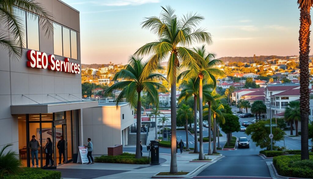 A bustling street in Garden Grove, CA, with lush palm trees lining the sidewalks. In the foreground, a modern office building with a prominent "SEO Services" sign illuminated by warm, golden lighting. Sleek, contemporary architecture and well-manicured landscaping create an inviting atmosphere. In the middle ground, people can be seen entering and exiting the building, reflecting the thriving nature of the SEO services offered within. The background showcases the vibrant, suburban cityscape of Garden Grove, with a mix of residential and commercial structures bathed in the soft, golden glow of the evening sun. The overall scene conveys a sense of professionalism, growth, and the promise of successful digital marketing solutions for local businesses.