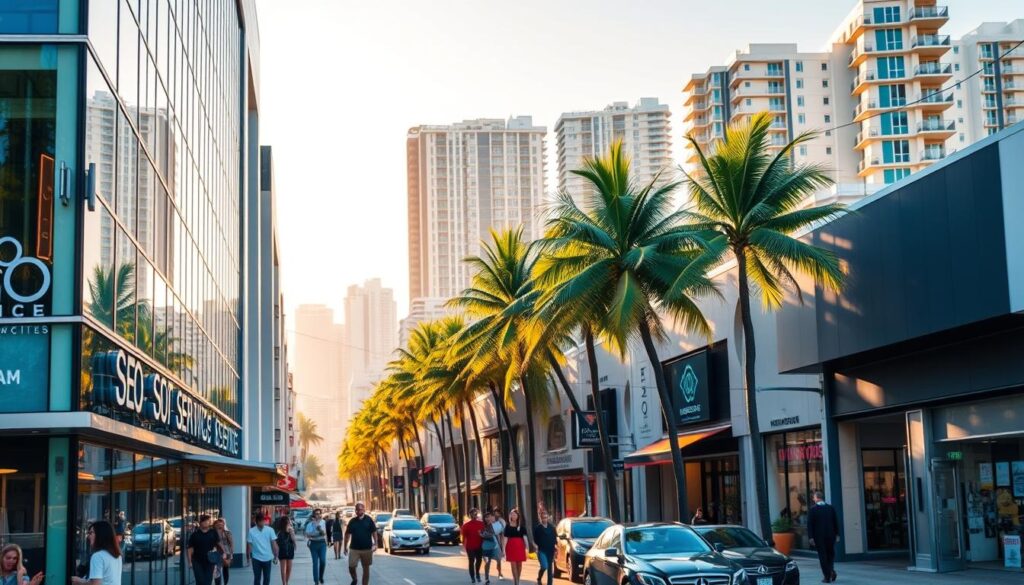 A bustling street in Hollywood, FL, filled with vibrant storefronts and lively pedestrians. In the foreground, a modern office building with a prominent sign reading "SEO Services" stands out, its sleek glass façade reflecting the warm, golden sunlight. The middle ground features a mix of local businesses, from quaint cafes to trendy boutiques, all vying for attention. In the background, palm trees sway gently, and the distant horizon is dotted with high-rise condominiums, creating a distinctive coastal cityscape. The overall atmosphere exudes a sense of energy and opportunity, perfectly capturing the essence of SEO services in this thriving Florida community.