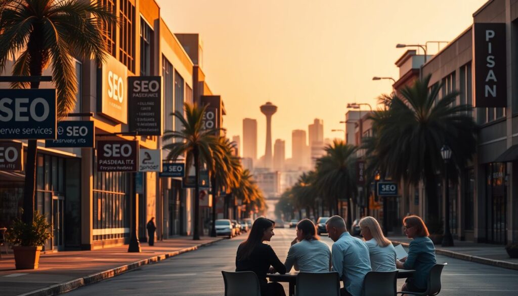 A bustling street in Pasadena, TX, with a row of modern office buildings showcasing signage for various SEO service providers. In the foreground, a group of professionals gathered around a table, deep in discussion, surrounded by laptops and notes. The middle ground features a panoramic view of the city skyline, with the iconic Pasadena water tower visible in the distance. Warm, golden sunlight bathes the scene, creating a welcoming and professional atmosphere. The overall composition conveys the idea of a thriving SEO industry and the expertise available in Pasadena. A bustling street in Pasadena, TX, with a row of modern office buildings showcasing signage for various SEO service providers. In the foreground, a group of professionals gathered around a table, deep in discussion, surrounded by laptops and notes. The middle ground features a panoramic view of the city skyline, with the iconic Pasadena water tower visible in the distance. Warm, golden sunlight bathes the scene, creating a welcoming and professional atmosphere. The overall composition conveys the idea of a thriving SEO industry and the expertise available in Pasadena.