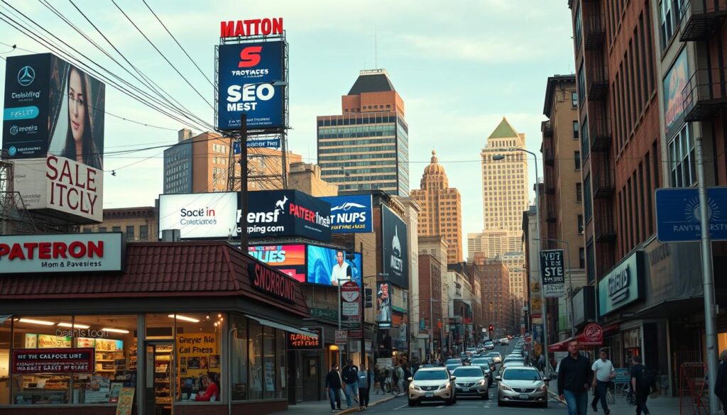 A bustling street in Paterson, NJ, with local businesses struggling to stand out amidst the competition. In the foreground, a small mom-and-pop shop battles outdated SEO tactics, their website barely visible on search engine results. In the middle ground, digital billboards and flashy advertisements distract passersby, making it challenging for organic listings to grab attention. The background reveals a diverse urban landscape, where historical architecture and modern developments coexist, each vying for online visibility. Soft, warm lighting creates a sense of melancholy, highlighting the uphill battle Paterson businesses face in optimizing their digital presence and reaching potential customers.