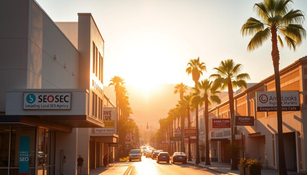 A bustling street in Simi Valley, CA, with a focus on the signage and storefronts of local SEO service providers. The scene is bathed in warm, golden afternoon light, casting long shadows and creating a sense of vibrant energy. In the foreground, a modern, minimalist office building with large windows showcases the clean, professional aesthetic of a leading SEO agency. In the middle ground, smaller storefronts and signage for other SEO consultants and digital marketing firms line the sidewalks, reflecting the thriving local SEO services ecosystem. The background features the iconic California palm trees and rolling hills, creating a picturesque, quintessentially Californian setting. The overall impression is one of a thriving, dynamic community of SEO experts dedicated to helping local businesses succeed.