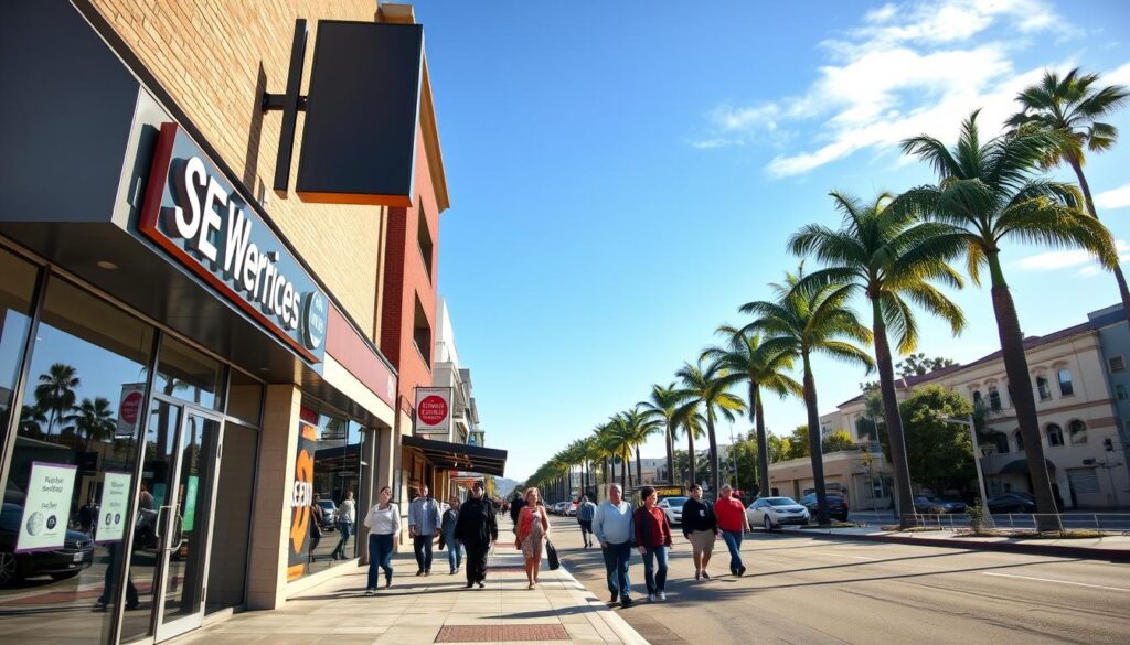 A bustling street in Torrance, CA, showcasing the vibrant local SEO services scene. In the foreground, a modern office building with a prominent sign, conveying professionalism and expertise. In the middle ground, people walking along the sidewalk, reflecting the active business community. The background features palm trees and clear skies, capturing the sunny, California vibe. The lighting is warm and inviting, creating a welcoming atmosphere. The scene is captured with a wide-angle lens, providing a comprehensive view of the SEO services landscape in Torrance.