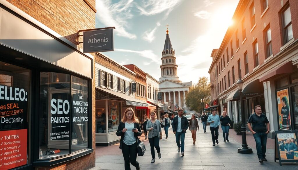 A bustling street in downtown Athens, GA, with local businesses lining the sidewalks. In the foreground, a stylish storefront with signage for a digital marketing agency, their window display showcasing SEO tactics and analytics. Passersby stroll by, some glancing at their phones, others engaged in conversation. The mid-ground features other storefronts, their facades adorned with Athens-themed artwork and vibrant colors. In the background, the iconic architecture of the University of Georgia campus stands tall, bathed in warm, golden sunlight filtering through wispy clouds. The overall scene conveys a sense of community, local pride, and the potential for effective SEO strategies to help Athens businesses thrive.