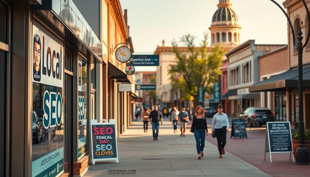 A bustling street in downtown Clovis, California, with a focus on local businesses offering SEO services. In the foreground, a signage-filled storefront showcases the "Local SEO Clovis" brand, its sleek modern design and earth-toned palette reflecting the city's vibrant, community-oriented atmosphere. The middle ground features pedestrians strolling along the sidewalk, some entering or exiting nearby shops. In the background, a mix of historic and contemporary buildings line the street, their architectural details bathed in warm, golden afternoon sunlight. The overall scene conveys a sense of small-town charm and a thriving local economy, setting the stage for effective implementation of local SEO strategies.